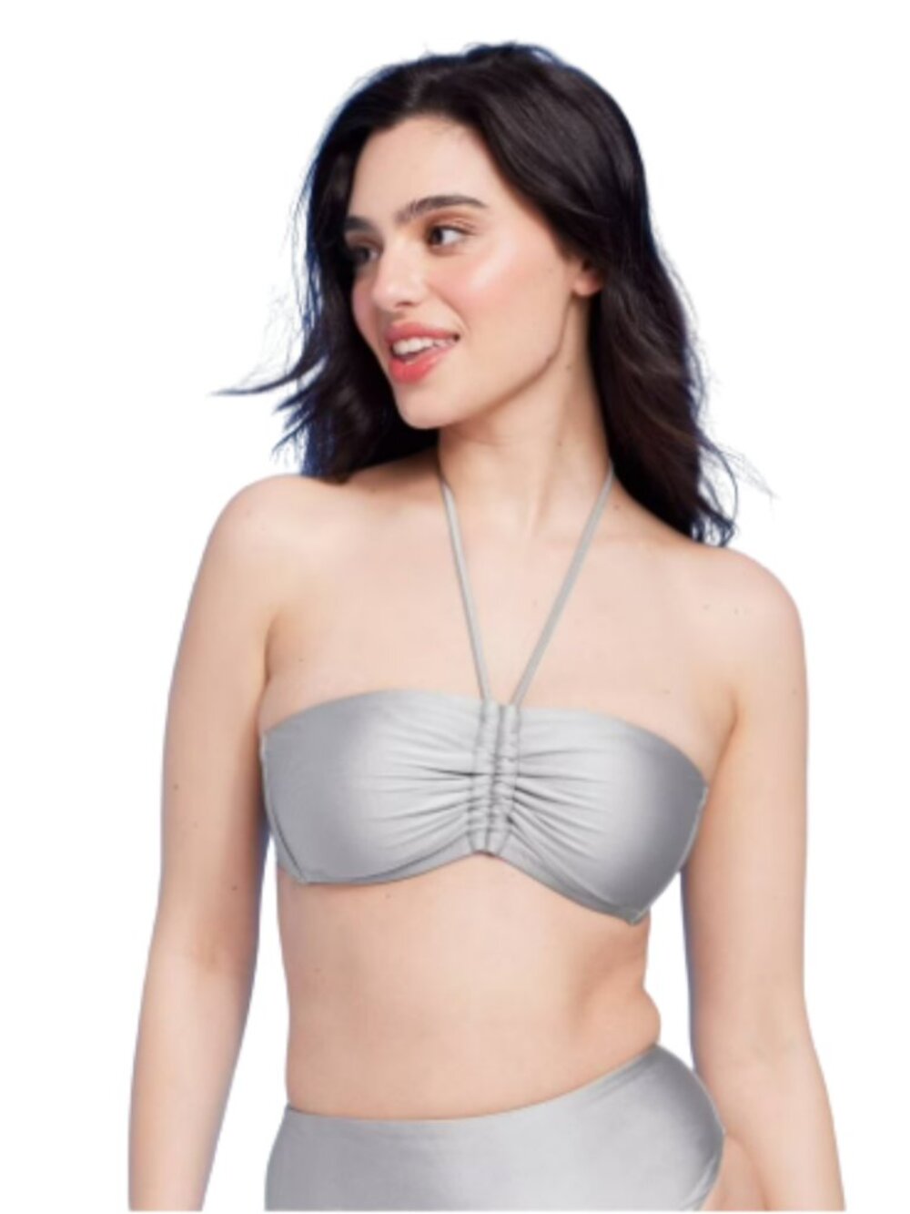 NWT Women's Shade & Shore Shirred silver Front Halter Bandeau Bikini Top